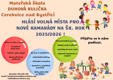 MŠ Cerekvice nad Bystřicí - volná místa šk.rok 2025/2026