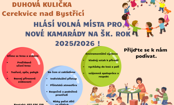MŠ Cerekvice nad Bystřicí - volná místa šk.rok 2025/2026