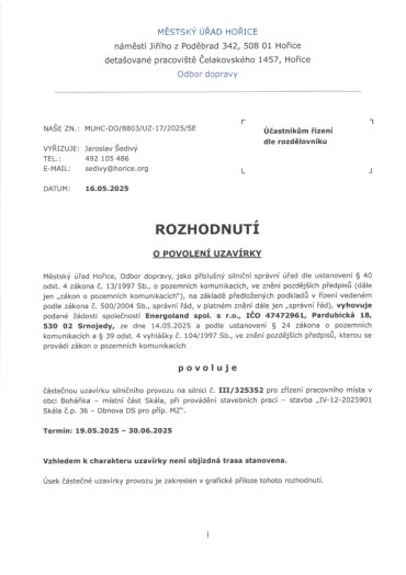 Uzavírka silničního provozu na silnici č.III/325352 od 19.05. do 30.06.2025 (Skála č.p.36)