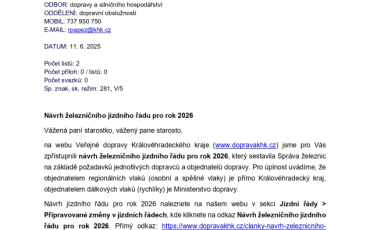 Úřední deska - vyhledáno: Návrh železničního jízdního řádu pro rok 2026 - výzva k připomínkování do 4.7.2025