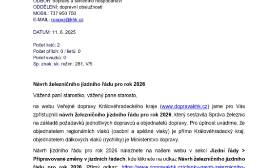 Návrh železničního jízdního řádu pro rok 2026 - výzva k připomínkování do 4.7.2025