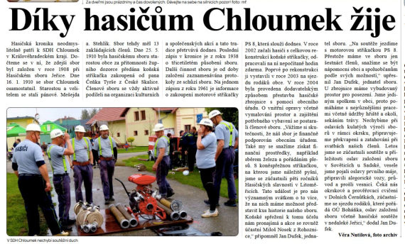 Hasičské noviny, kde vyšel článek o SDH Chloumek
