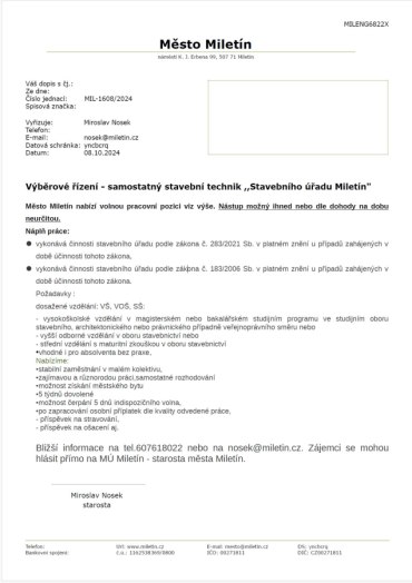 Stavební úřad Miletín - nabídka pracovní pozice / samostatný stavební technik