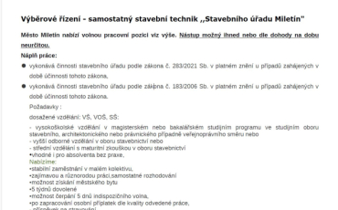 Stavební úřad Miletín - nabídka pracovní pozice / samostatný stavební technik