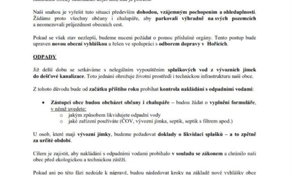 Slovo starosty - parkování na obecních cestách a nakládání s odpadními vodami