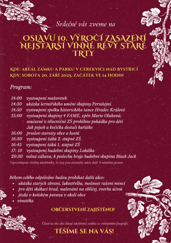Oslavy 10. výročí zasazení nejstarší vinné révy / Cerekvice nad Bystřicí 20.09.2025