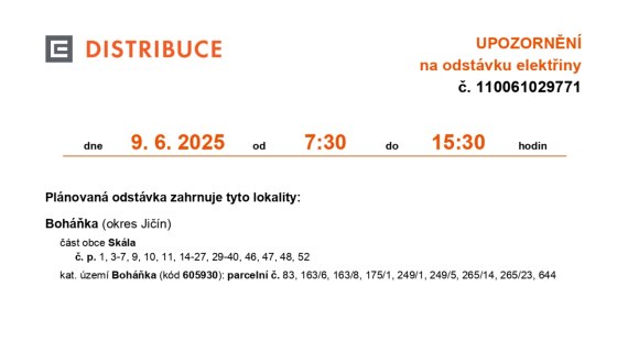 Odstávka elektřiny dne 09.06.2025 od 07:30 do 15:30