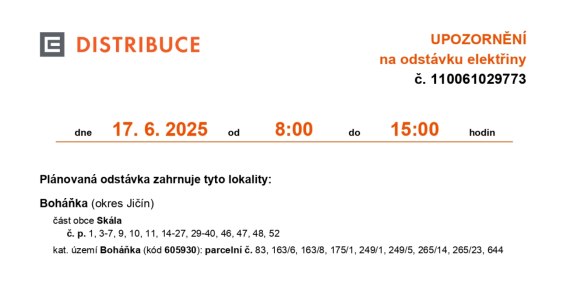 Odstávka elektřiny dne 17.06.2025 od 08:00 do 15:00