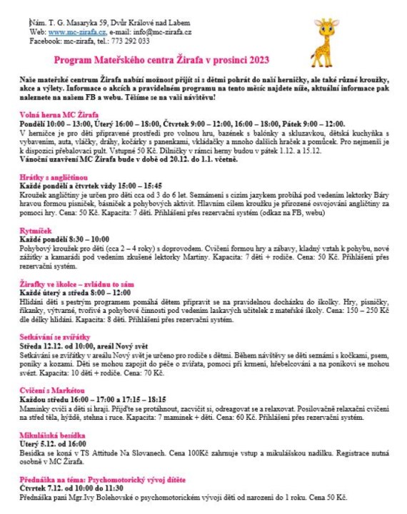 Mateřské centrum Žirafa Dvůr Králové - program 12/2023
