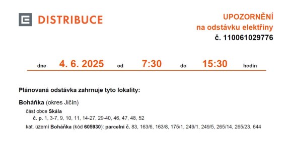 ČEZ - odstávka elektřiny 4.6.2025