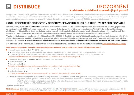 ČEZ - UPOZORNĚNÍ k odstranění a okleštění stromoví a jiných porostů