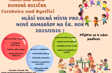 MŠ Cerekvice nad Bystřicí - volná místa šk.rok 2025/2026 MŠ Cerekvice nad Bystřicí - volná místa šk.rok 2025/2026