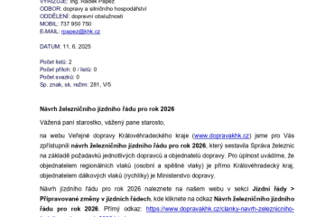 Návrh železničního jízdního řádu pro rok 2026 - výzva k připomínkování do 4.7.2025 Návrh železničního jízdního řádu pro rok 2026 - výzva k připomínkování do 4.7.2025